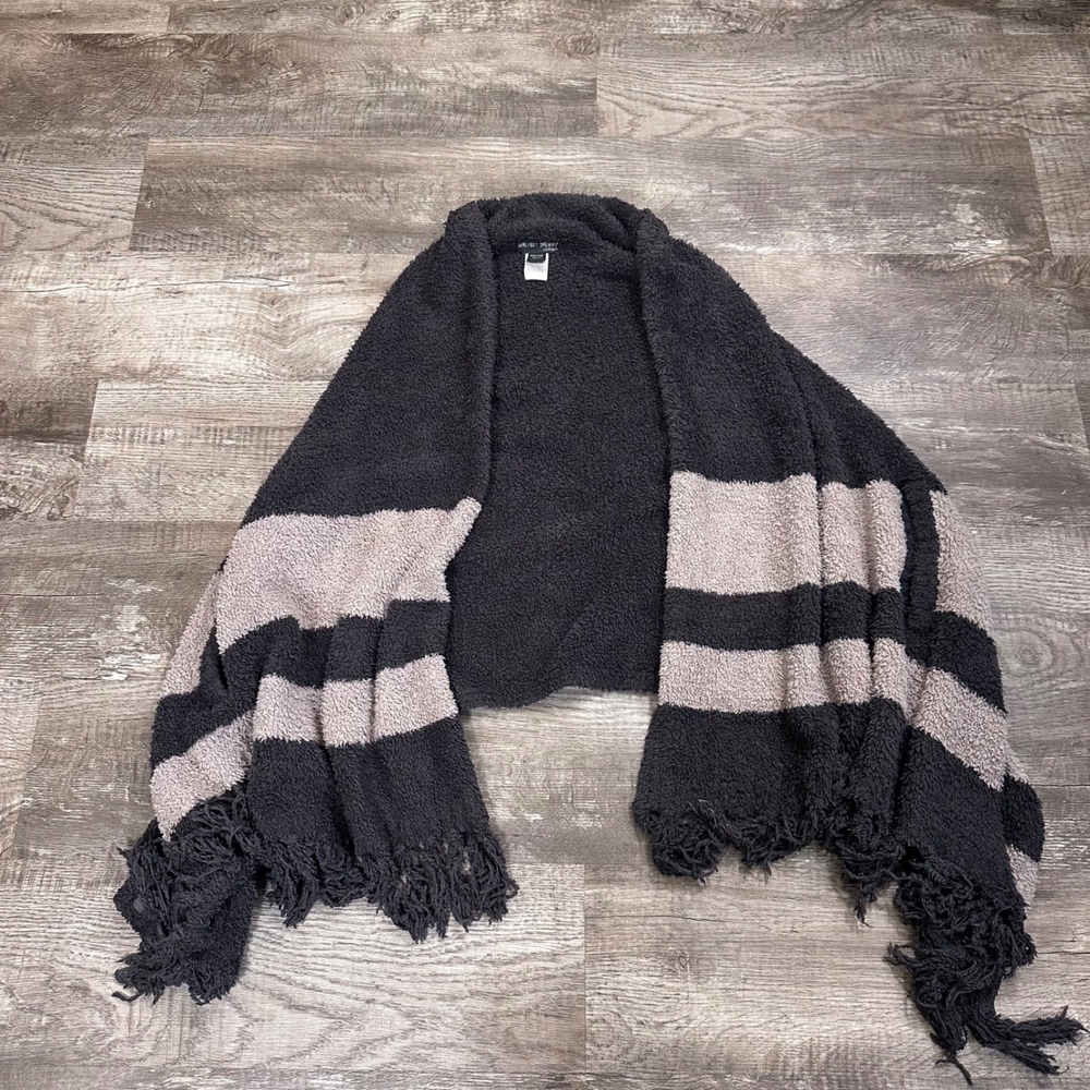 Barefoot Dreams CozyChic Striped Fringe Wrap Cardigan Grey Tan 802 One Size